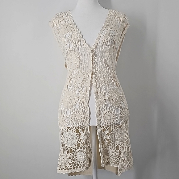 SMW Boho Crochet Cutout Open Knit High Low Sweater Vest w Solid Back - Picture 11 of 11